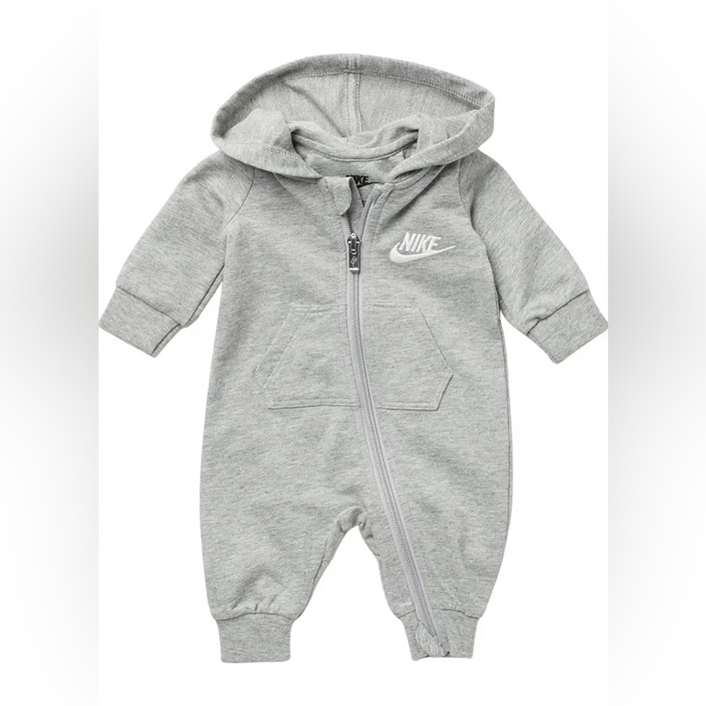 NWT Nike Baby Hooded Zip Front Coverall Romper 9M Gray One Piece Long Sleeve